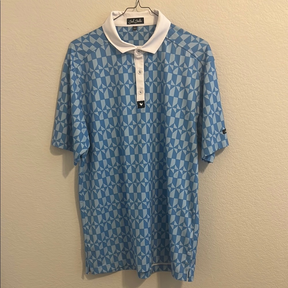 Bad Birdie Blue and White Polo with Geometric Pattern